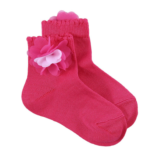 Girls Dark Red Cotton Short Socks With Patch Flower Trims