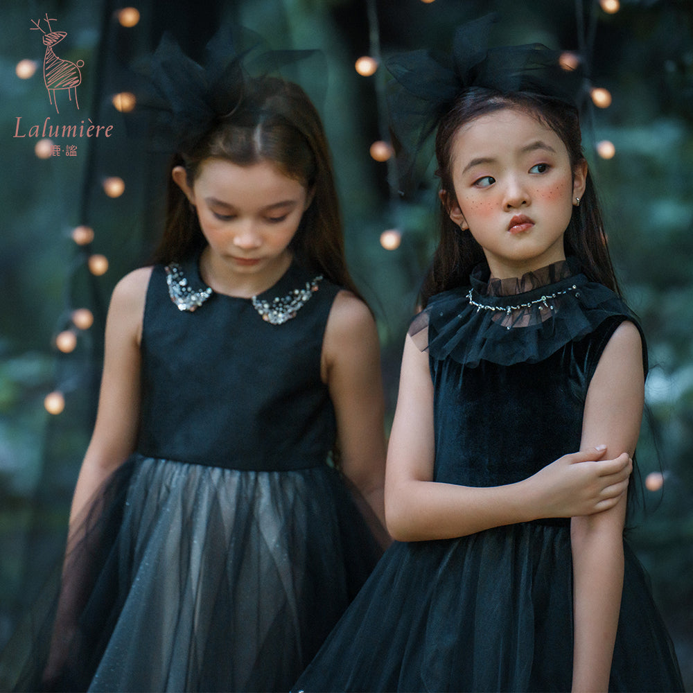 女童珠绣黑粉渐变礼服裙