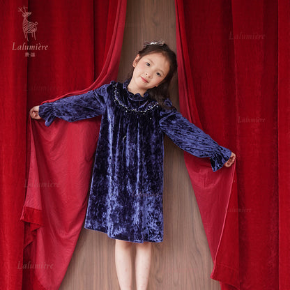 女童蓝色荷叶领珠绣丝绒礼服裙