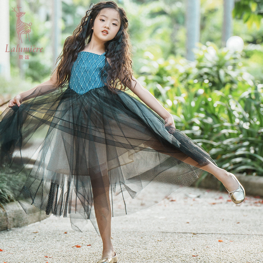 女童牛仔羽毛吊带裙