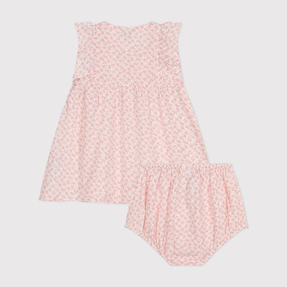 女婴粉色碎花棉连衣裙套装