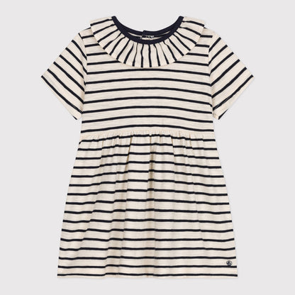 女婴藏青色条纹棉连衣裙