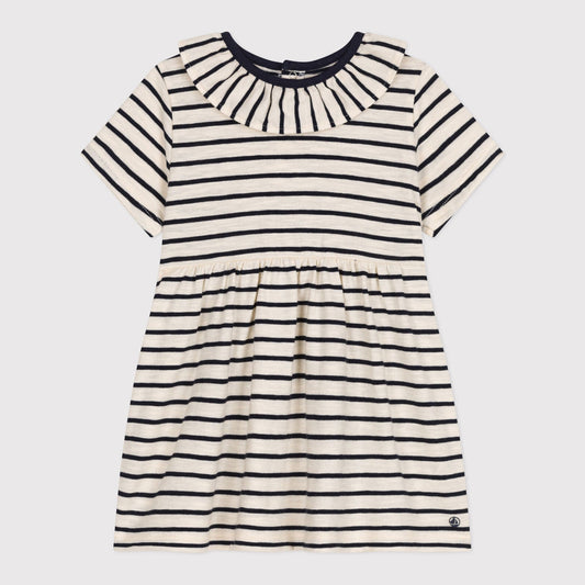 女婴藏青色条纹棉连衣裙