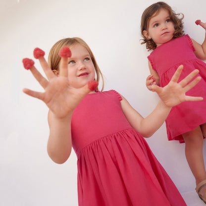 女童玫红色亚麻连衣裙