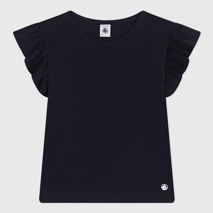 女童藏蓝色荷叶边棉T恤
