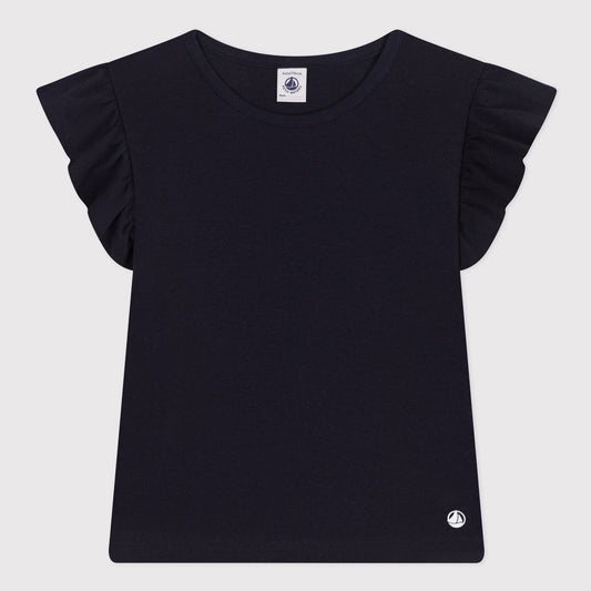 女童藏蓝色荷叶边棉T恤