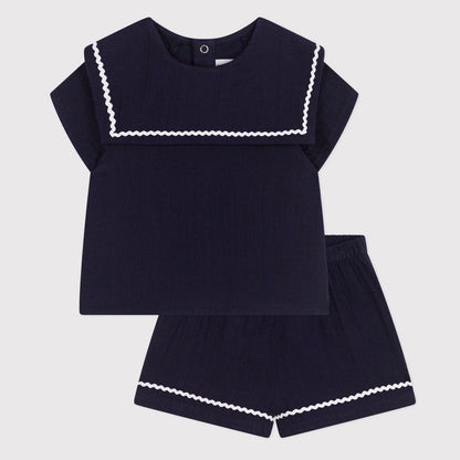 女婴蓝色藏青色婴儿衣领棉套装