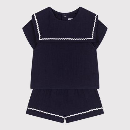 女婴蓝色藏青色婴儿衣领棉套装