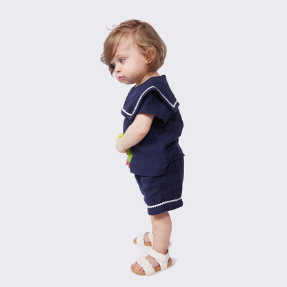 女婴蓝色藏青色婴儿衣领棉套装