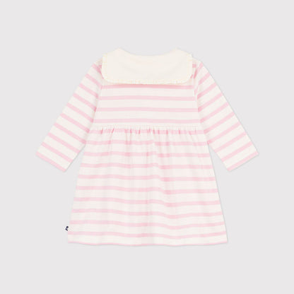 女婴浅粉色条纹棉连衣裙