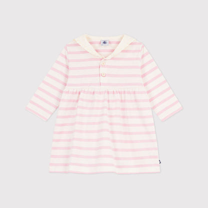 女婴浅粉色条纹棉连衣裙