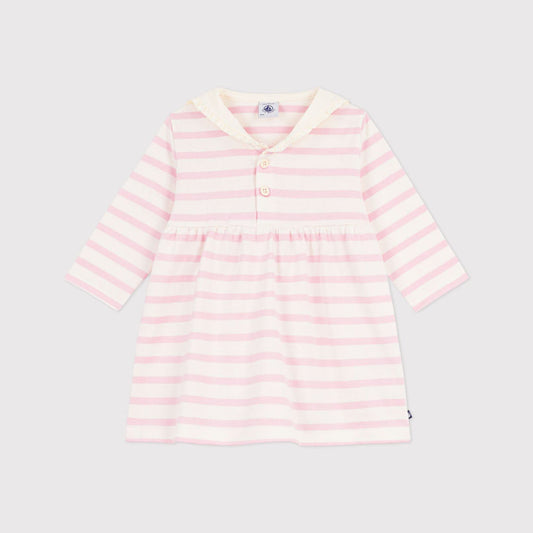 女婴浅粉色条纹棉连衣裙