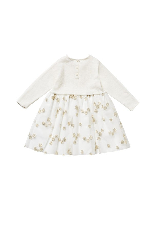 Baby Girls Milk White Wool Dress With Gold Patch Flower Trims