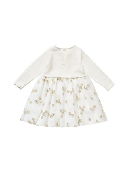 Baby Girls Milk White Wool Dress With Gold Patch Flower Trims