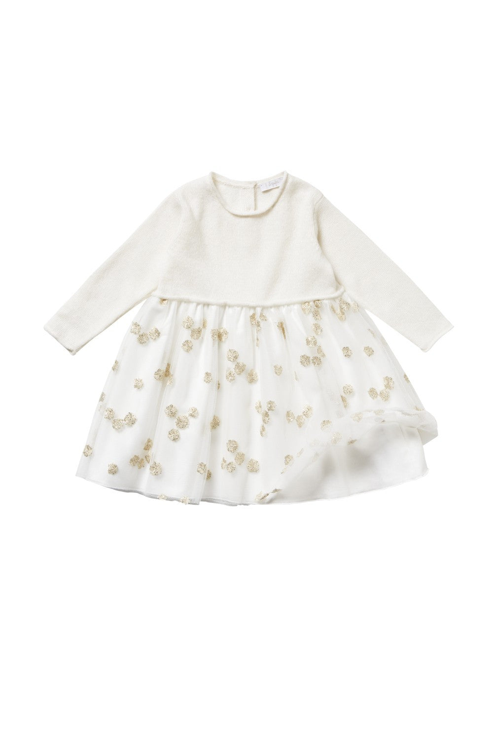 Baby Girls Milk White Wool Dress With Gold Patch Flower Trims