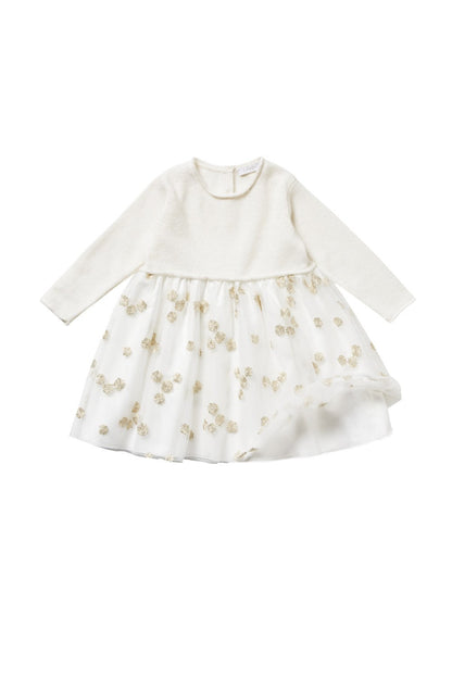 Baby Girls Milk White Wool Dress With Gold Patch Flower Trims