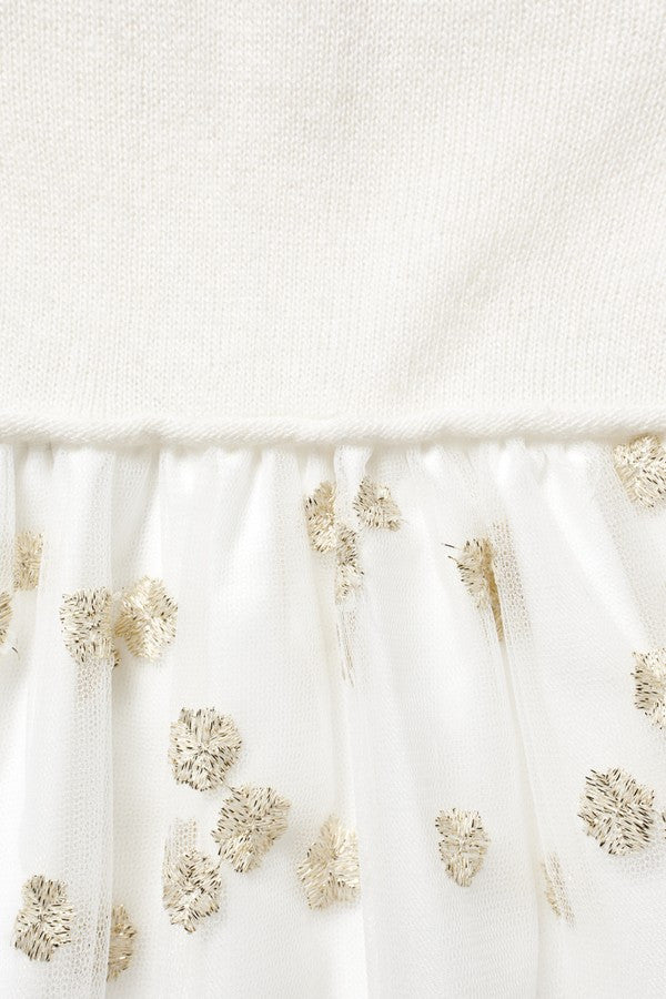 Baby Girls Milk White Wool Dress With Gold Patch Flower Trims