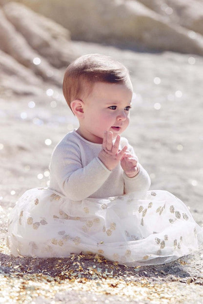 Baby Girls Milk White Wool Dress With Gold Patch Flower Trims