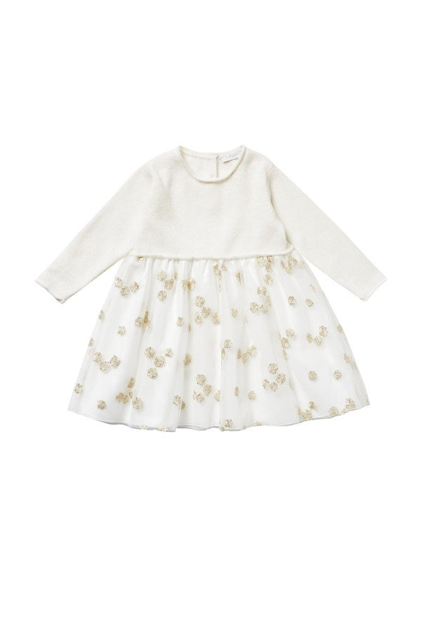 Baby Girls Milk White Wool Dress With Gold Patch Flower Trims