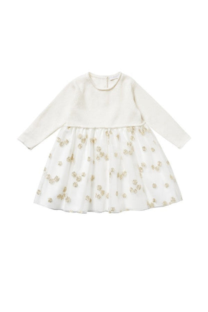 Baby Girls Milk White Wool Dress With Gold Patch Flower Trims