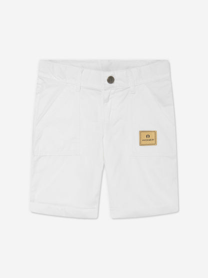 Aigner 男童徽标徽章府绸短裤（白色）