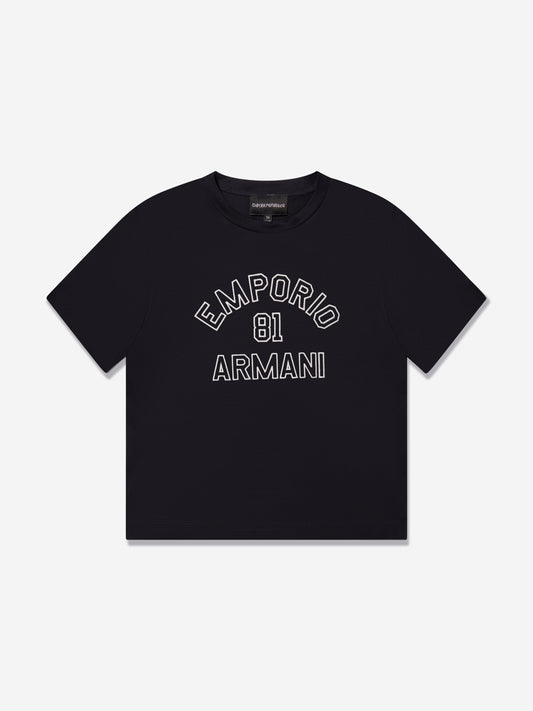 Emporio Armani 男童海军蓝徽标 T 恤