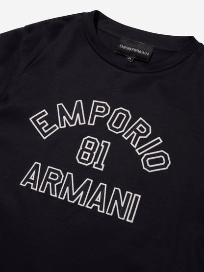 Emporio Armani 男童海军蓝徽标 T 恤