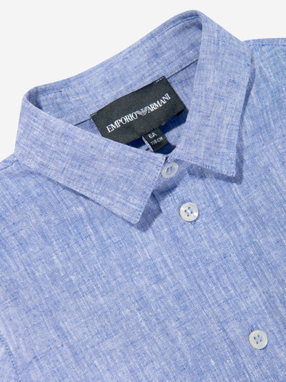 Emporio Armani Boys 亚麻徽标衬衫（蓝色）