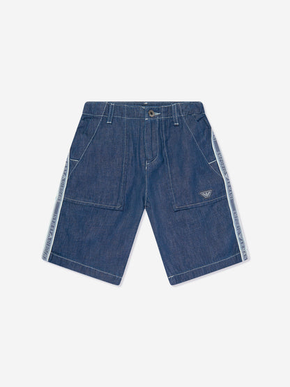 Emporio Armani 男童蓝色牛仔徽标短裤