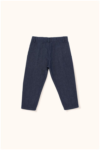 Girls Navy Cotton Denim Pleated Pant
