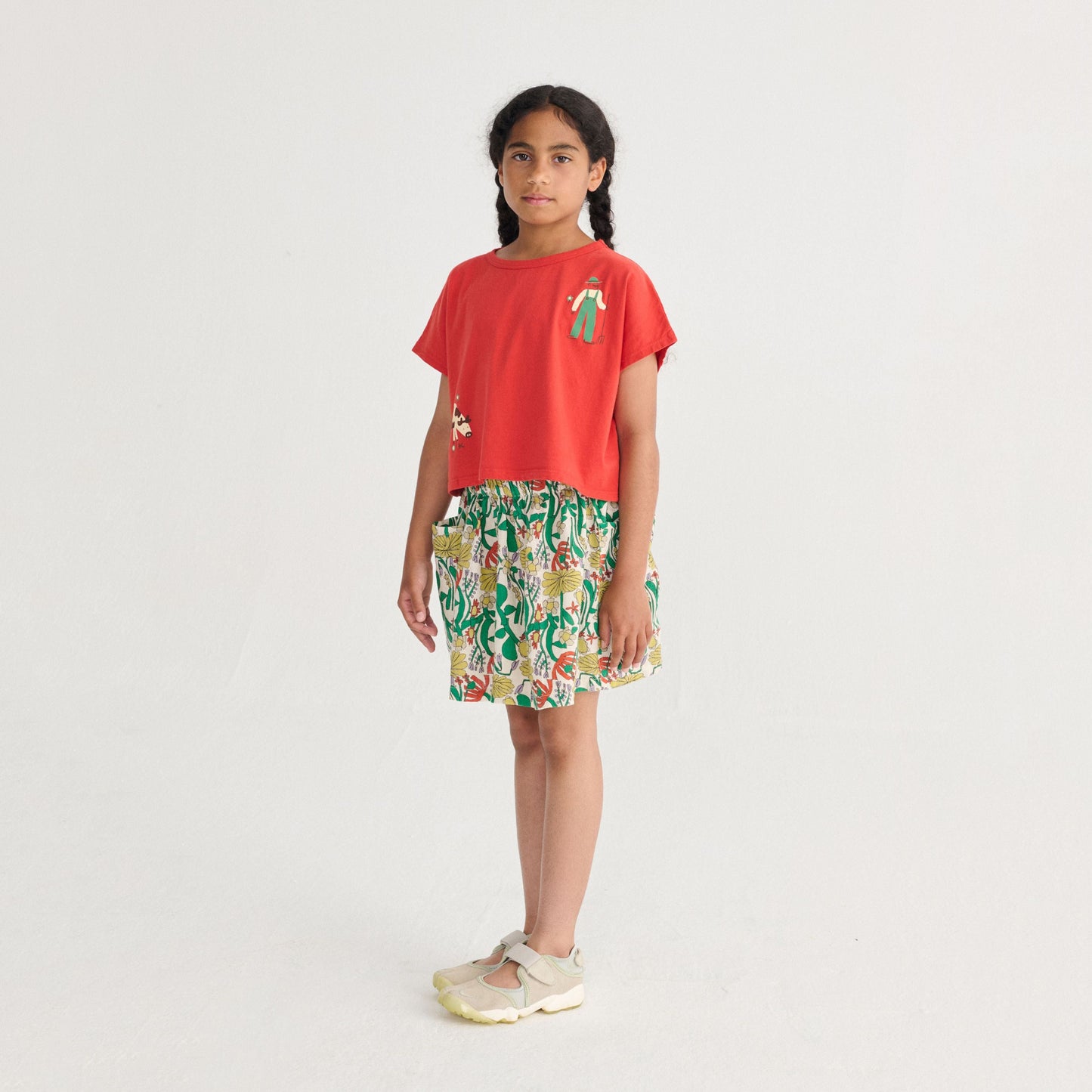 女童红色奶牛印花棉短款T恤