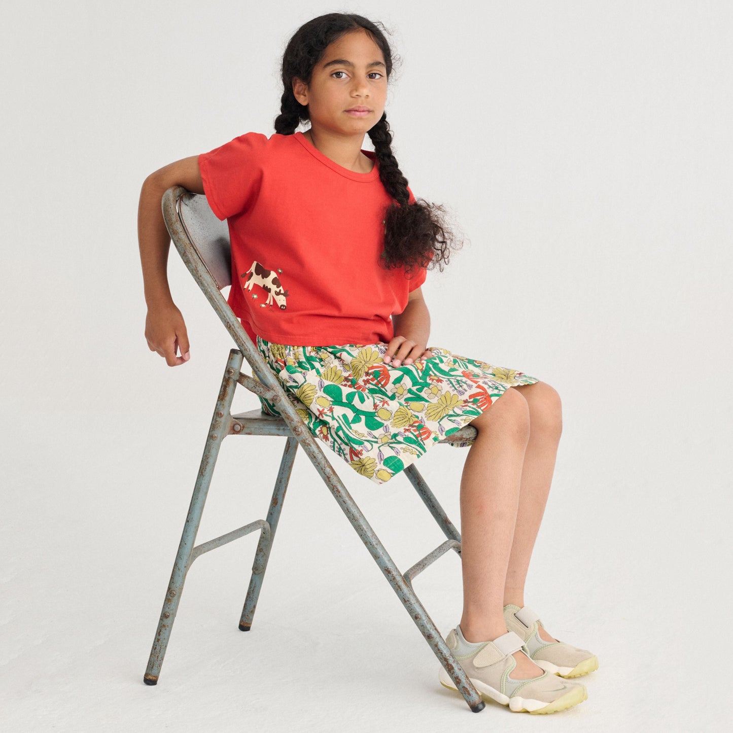 女童红色奶牛印花棉短款T恤