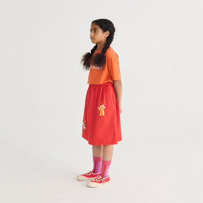 女童红色奶牛印花棉短裙