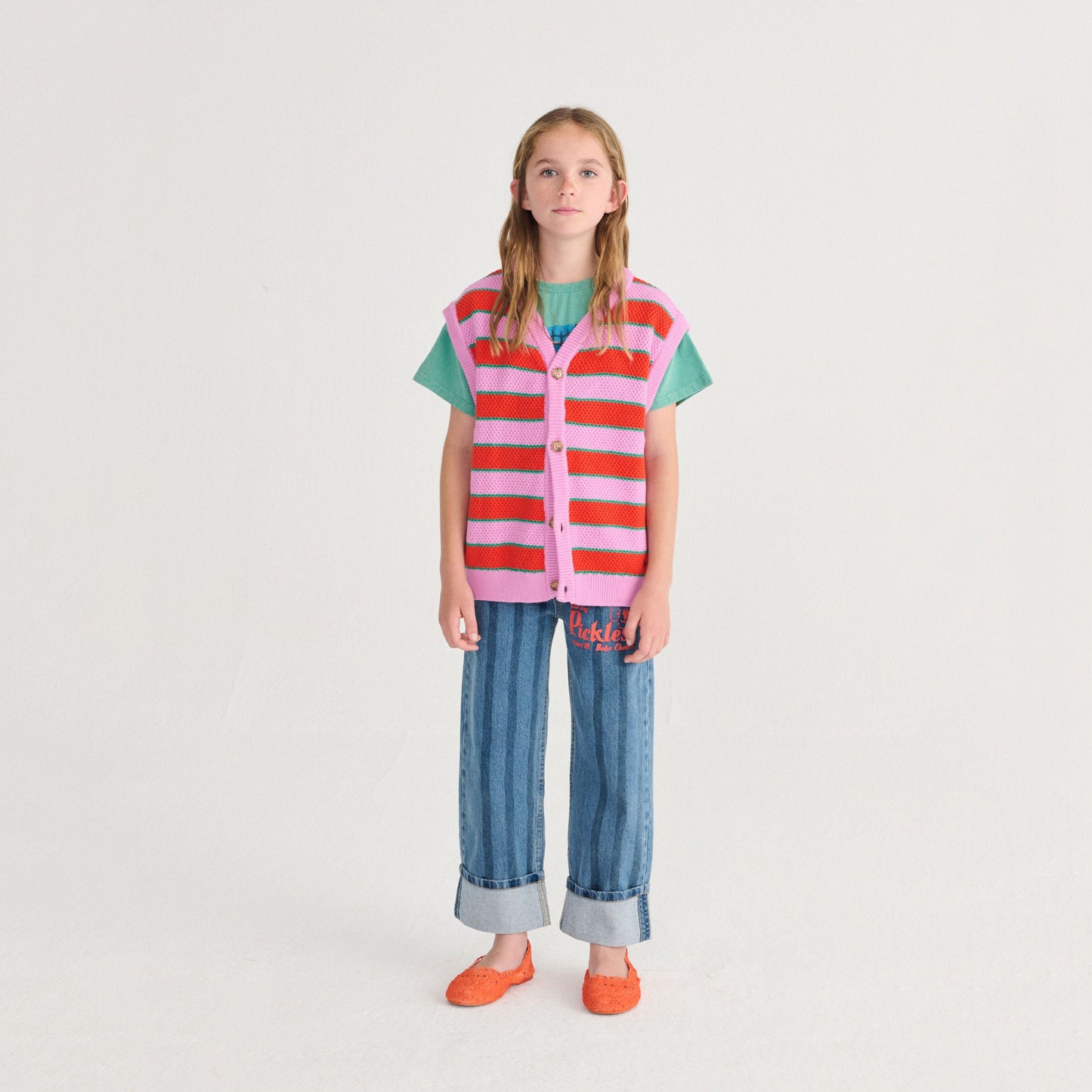 女童粉紫色条纹棉针织背心