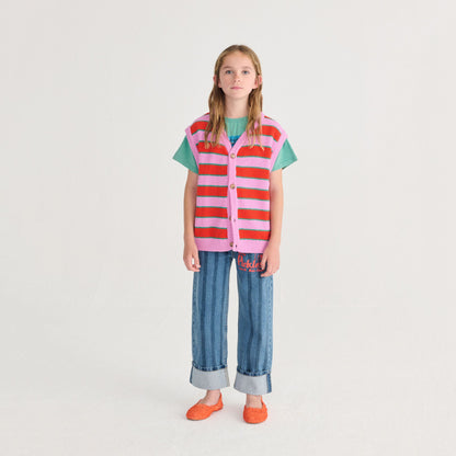 女童粉紫色条纹棉针织背心