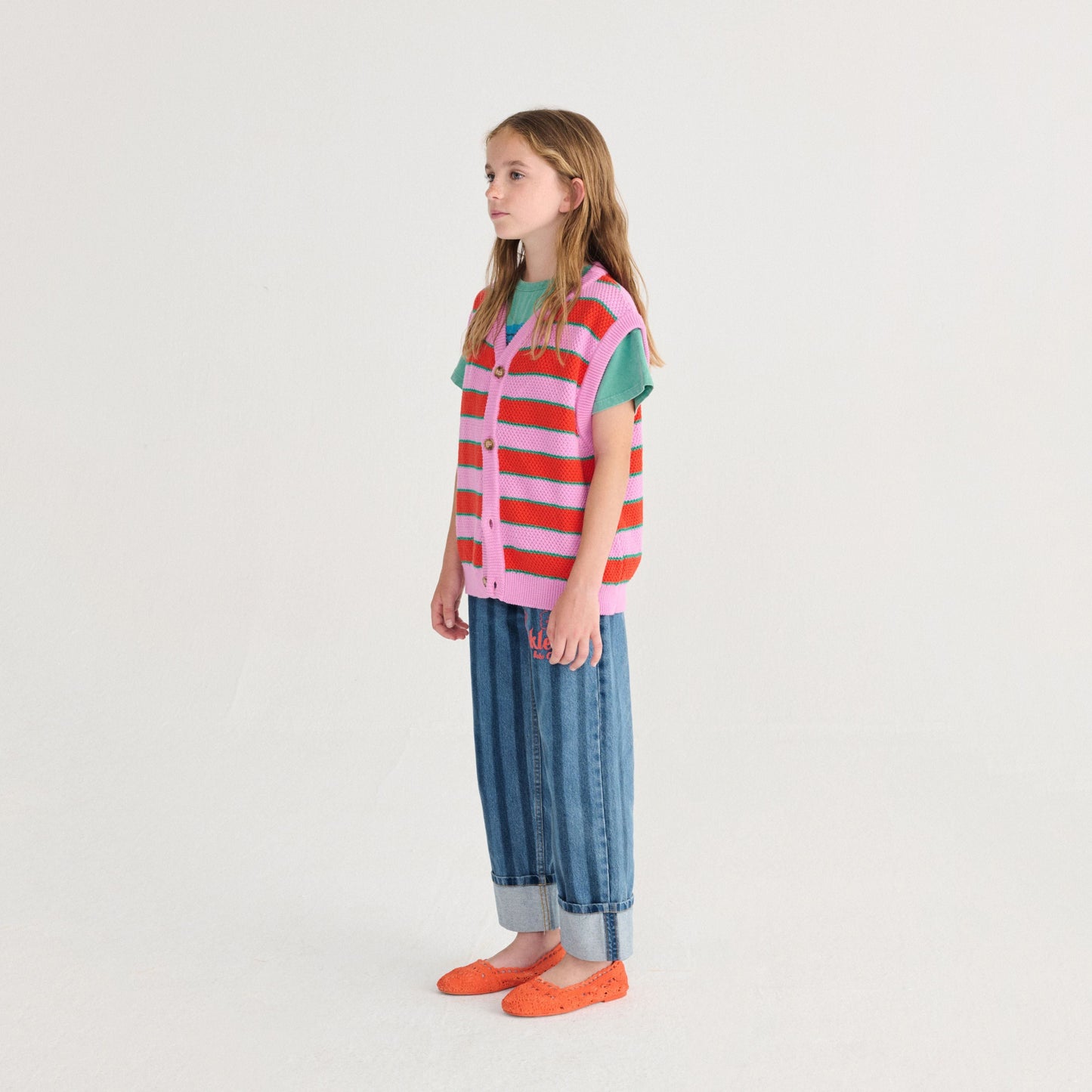 女童粉紫色条纹棉针织背心