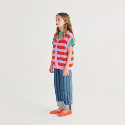 女童粉紫色条纹棉针织背心