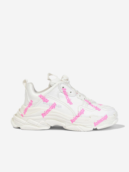 Balenciaga 女童 Triple S Logo 运动鞋（白色）
