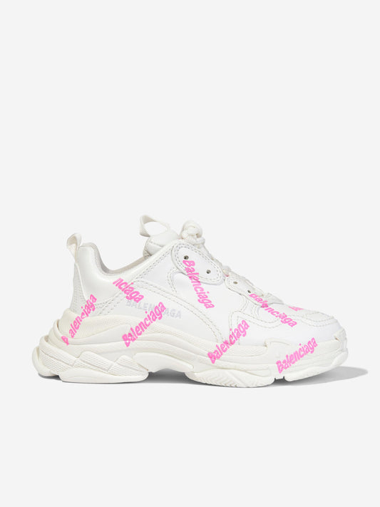 Balenciaga 女童 Triple S Logo 运动鞋（白色）