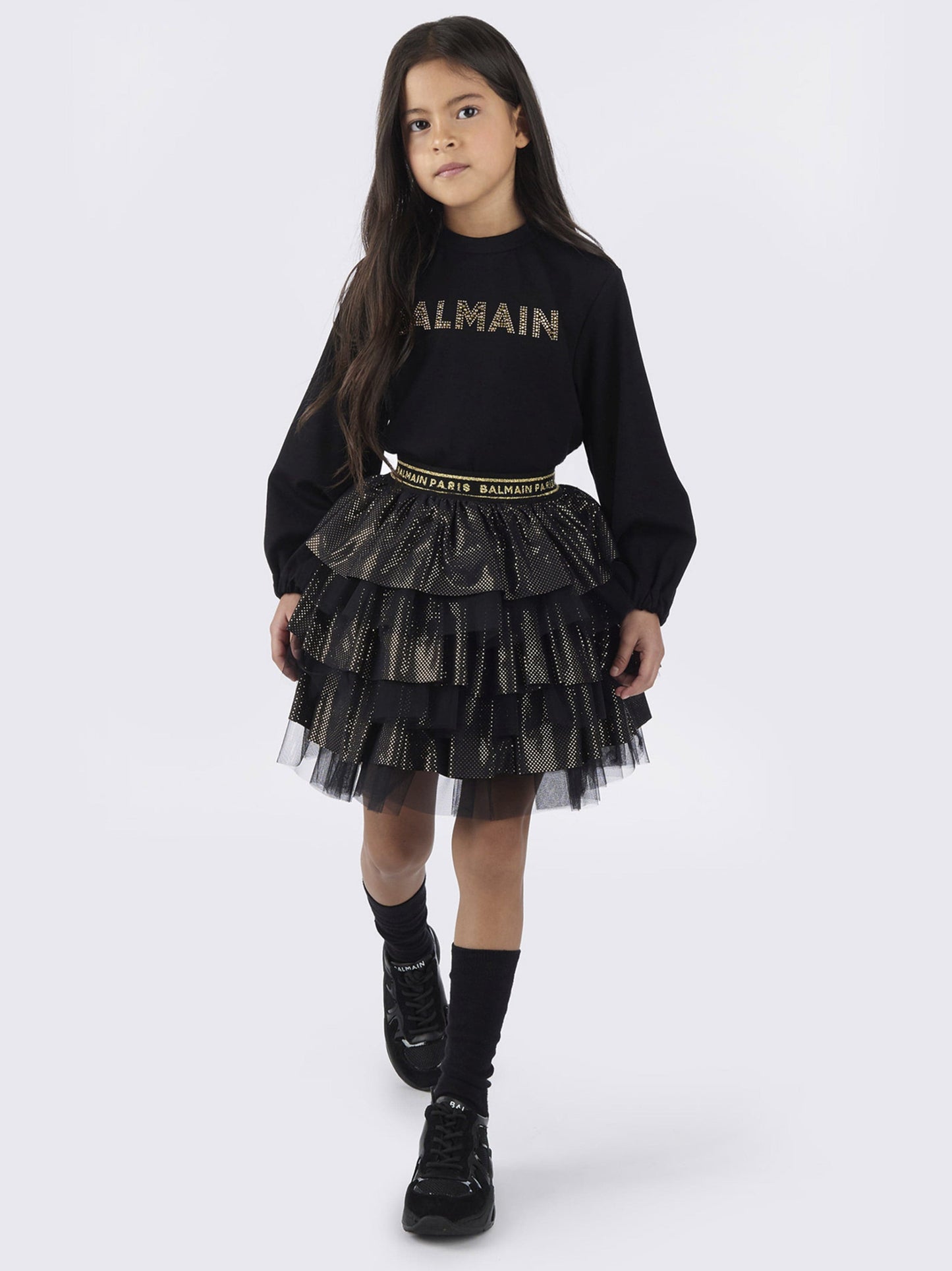 Balmain 女童黑色荷叶边半身裙