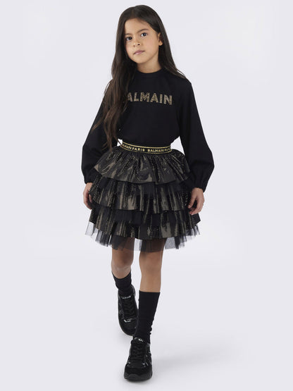 Balmain 女童黑色荷叶边半身裙