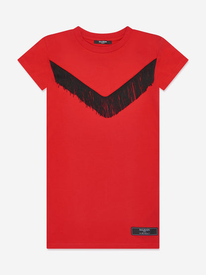 Balmain 女童红色流苏针织连衣裙