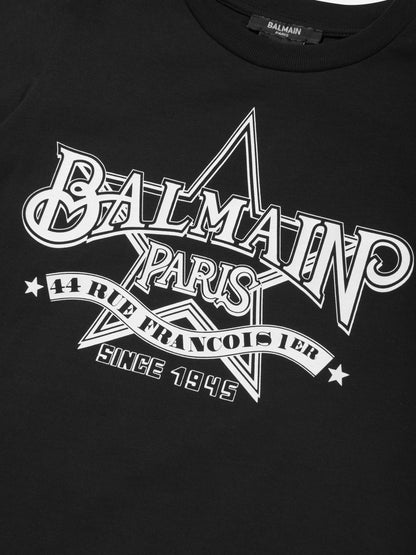 Balmain Kids 徽标印花 T 恤（黑色）