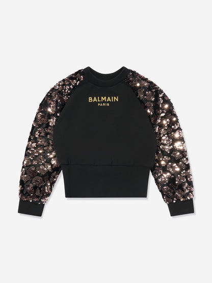 Balmain 女童亮片袖运动衫（黑色）