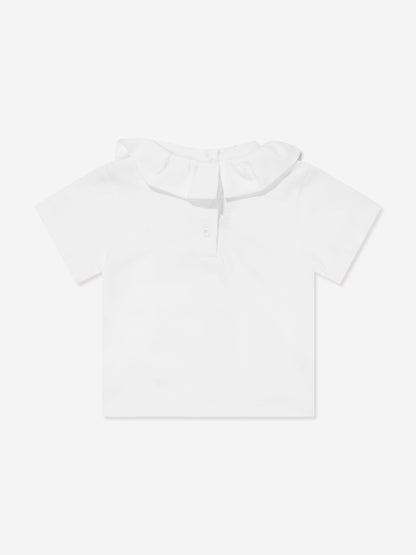 Balmain 女婴白色褶边领徽标 T 恤