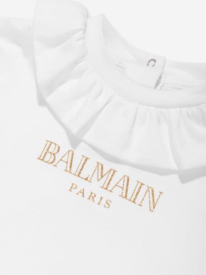 Balmain 女婴白色褶边领徽标 T 恤