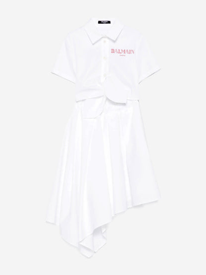 Balmain Girls Asymmetrical Shirt Dress in White
