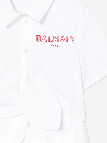 Balmain Girls Asymmetrical Shirt Dress in White
