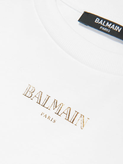 Balmain Girls Buttoned Logo T-Shirt in White