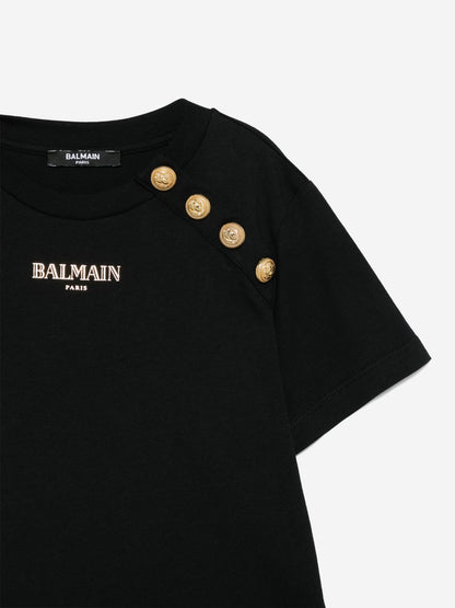 Balmain Girls Buttoned Logo T-Shirt in Black